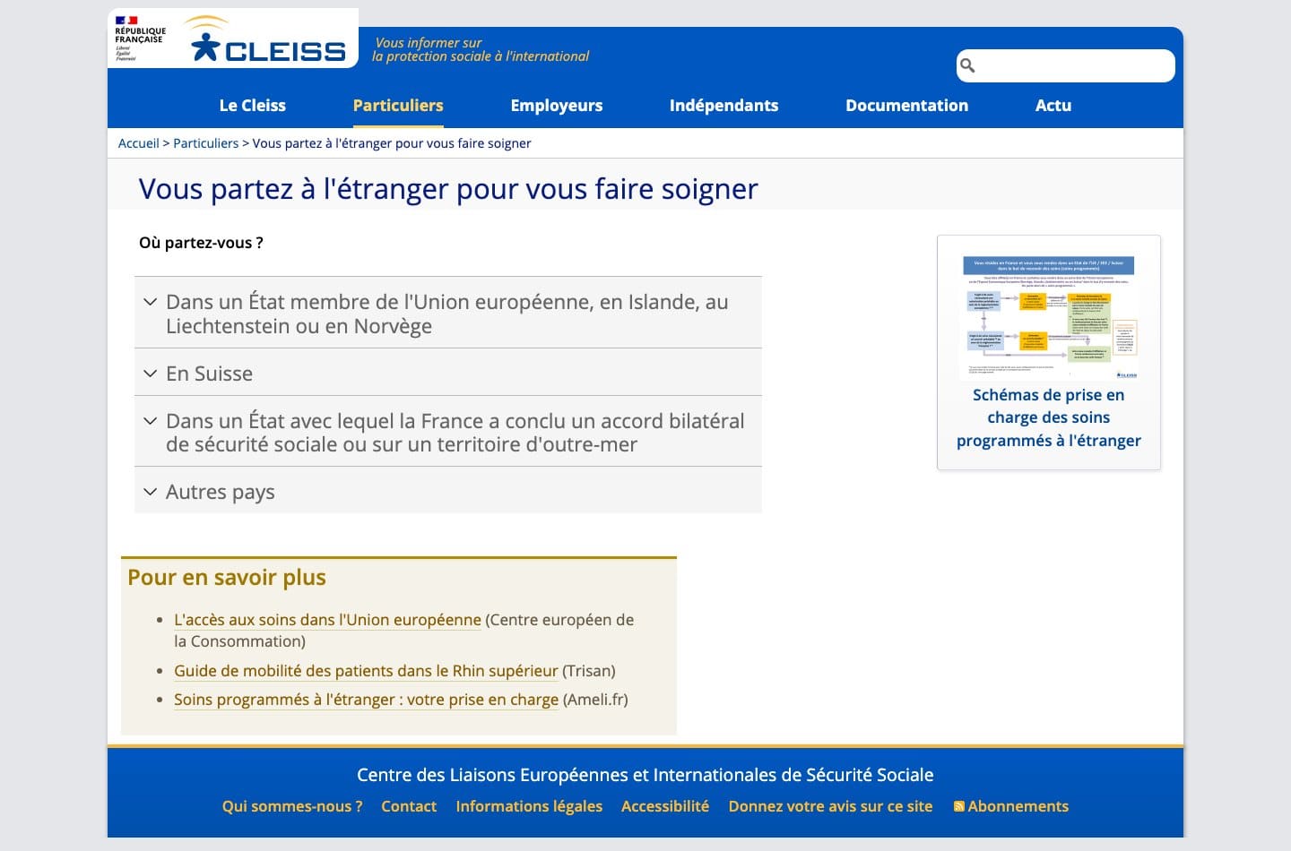Capture de la page du Cleiss consacree aux soins programmes a l etranger