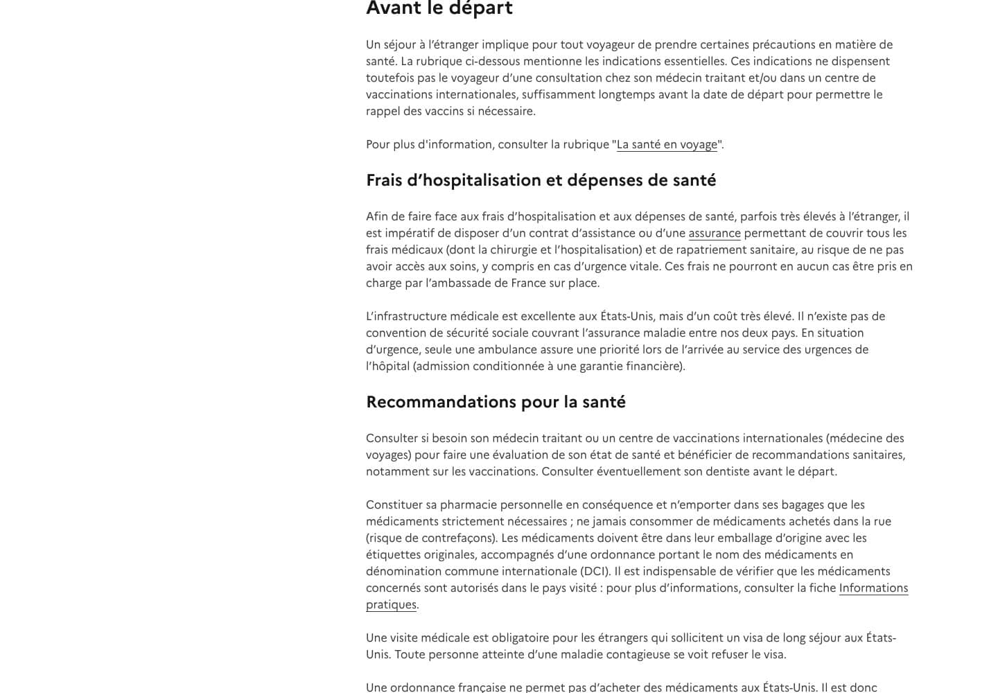 Capture de la fiche Sante Etats-Unis de France Diplomatie sur les frais d hospitalisation