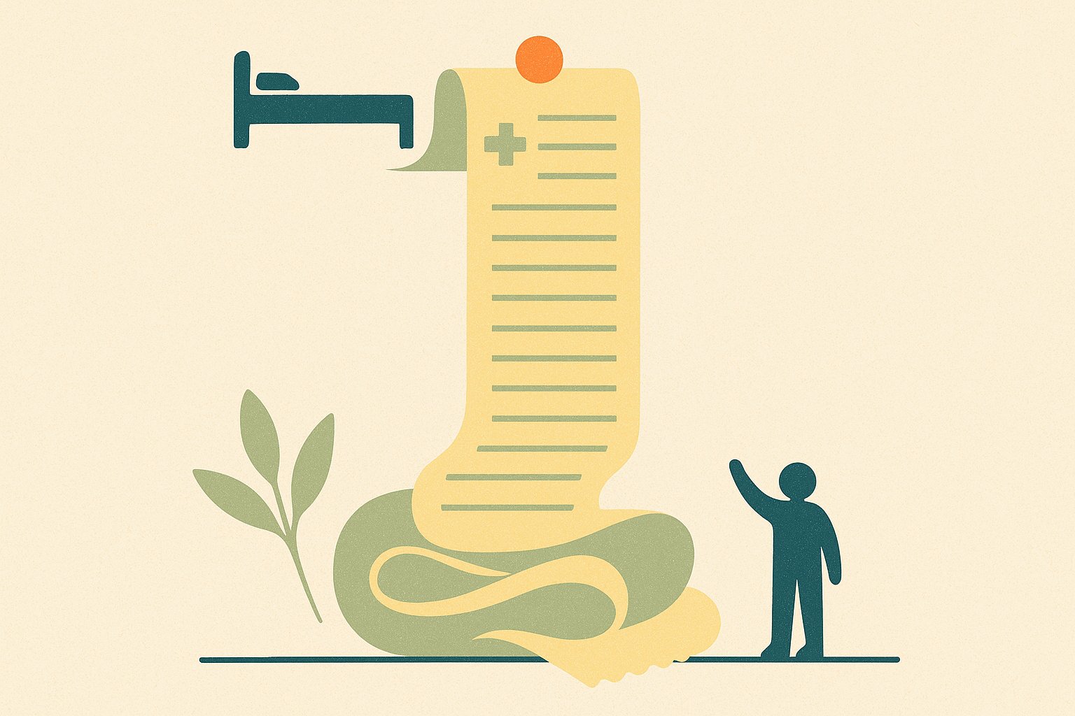 Illustration d une longue facture hospitaliere deroulee a cote d une silhouette minuscule