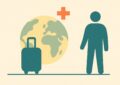 Illustration d un globe, d une valise et d une croix medicale symbolisant l assurance sante a l etranger