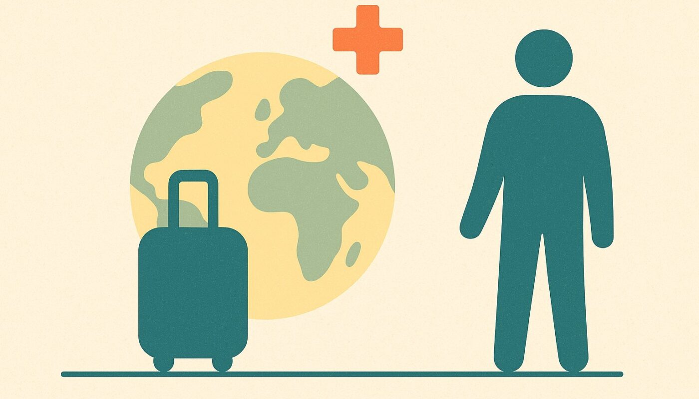 Illustration d un globe, d une valise et d une croix medicale symbolisant l assurance sante a l etranger