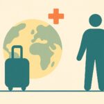 Illustration d un globe, d une valise et d une croix medicale symbolisant l assurance sante a l etranger