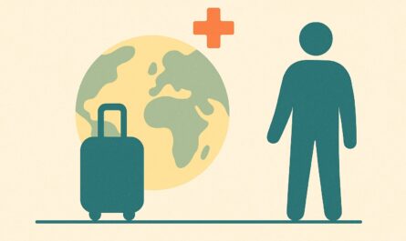 Illustration d un globe, d une valise et d une croix medicale symbolisant l assurance sante a l etranger
