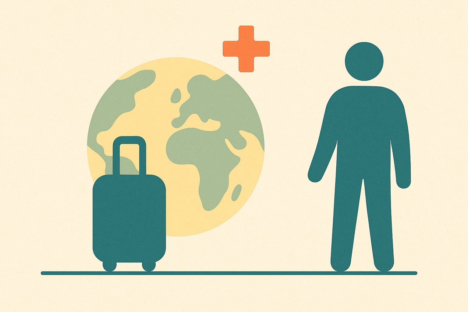 Illustration d un globe, d une valise et d une croix medicale symbolisant l assurance sante a l etranger