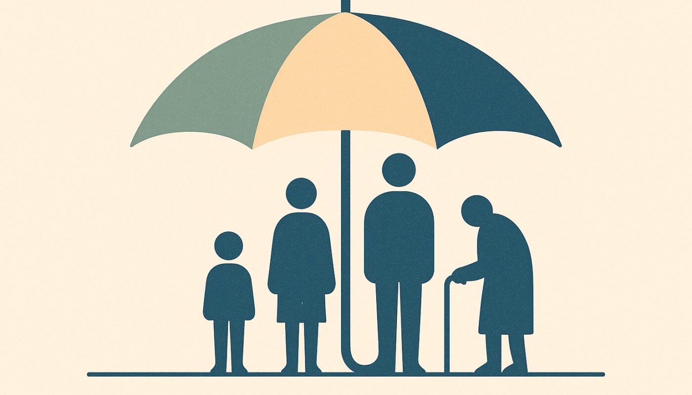 Un parapluie protège quatre profils d'assurés différents, illustration du choix d'une assurance santé