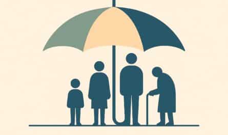 Un parapluie protège quatre profils d'assurés différents, illustration du choix d'une assurance santé