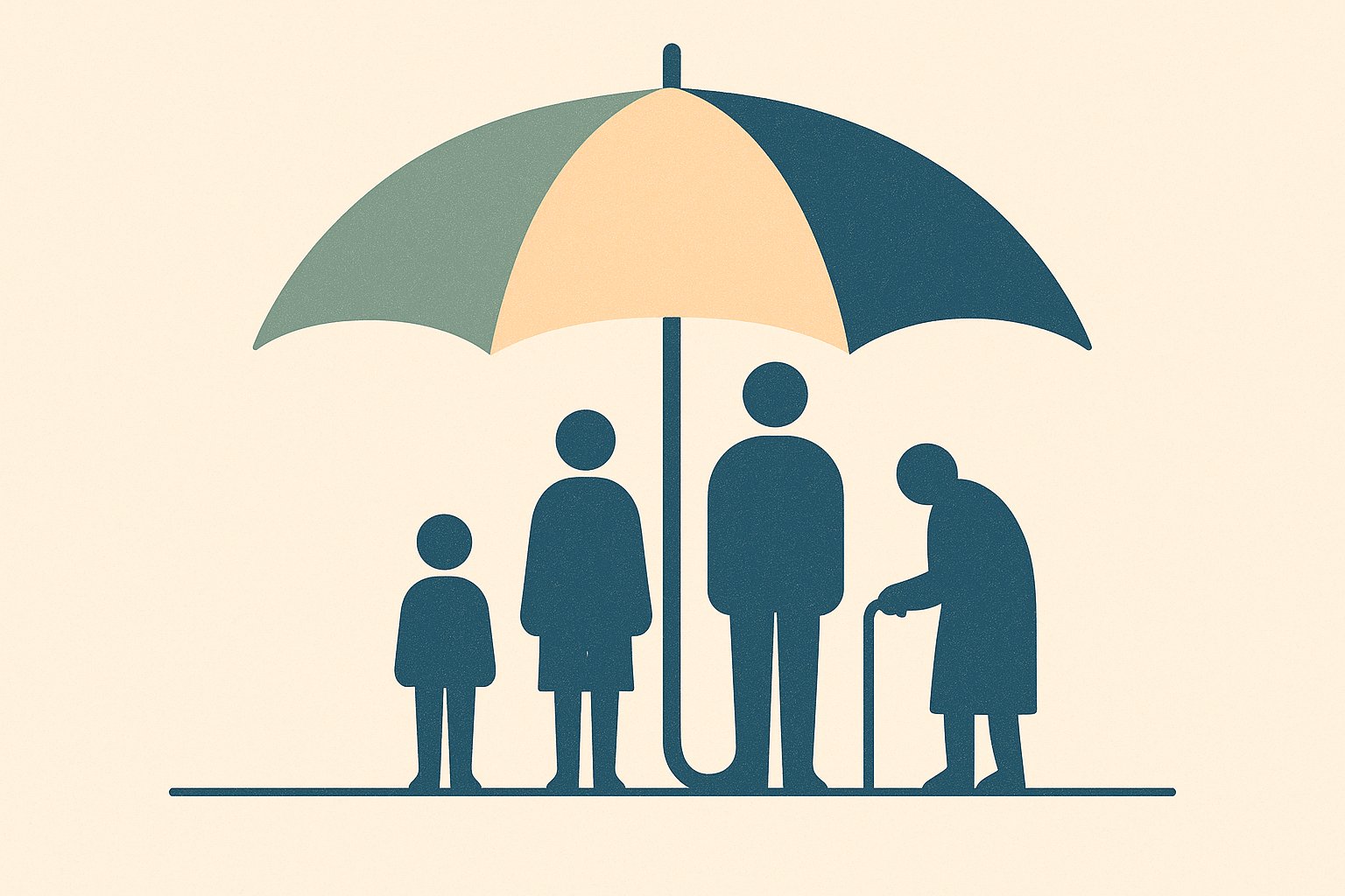 Un parapluie protège quatre profils d'assurés différents, illustration du choix d'une assurance santé