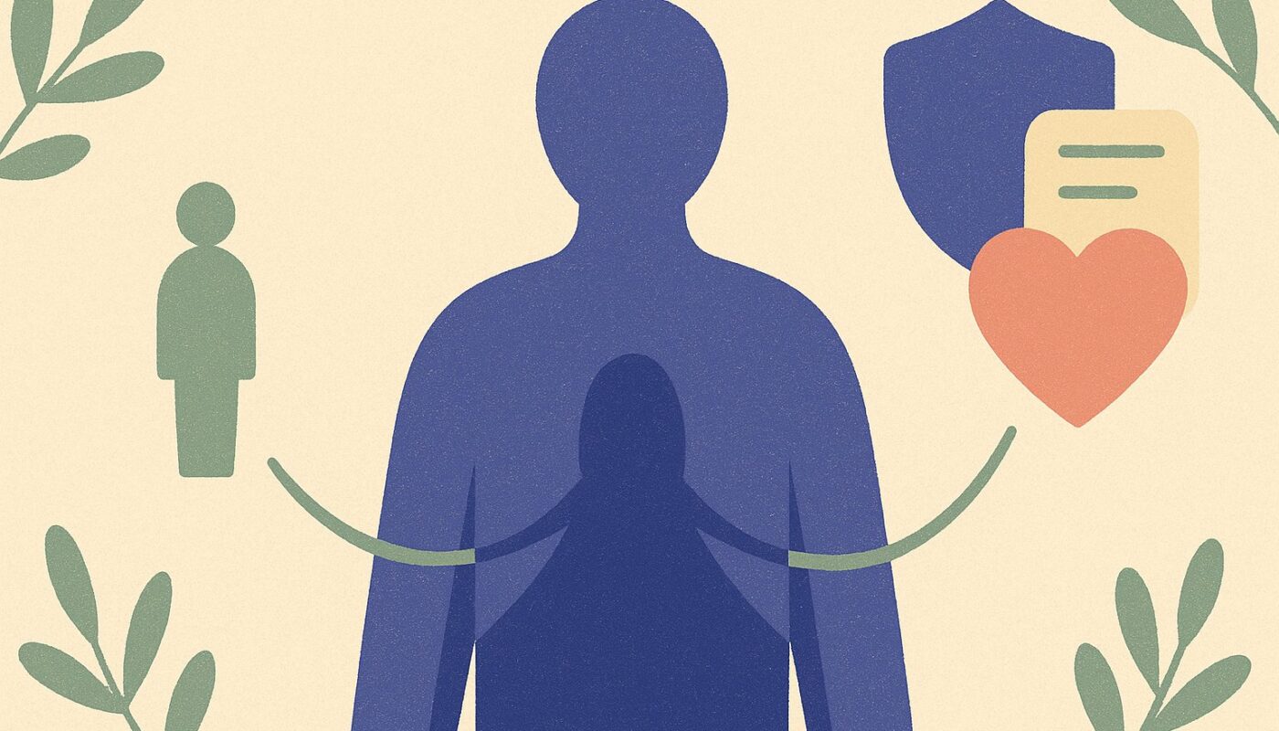 Illustration d'un courtier en assurance santé mettant en relation un assuré et plusieurs offres de mutuelle