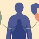 Illustration d'un courtier en assurance santé mettant en relation un assuré et plusieurs offres de mutuelle
