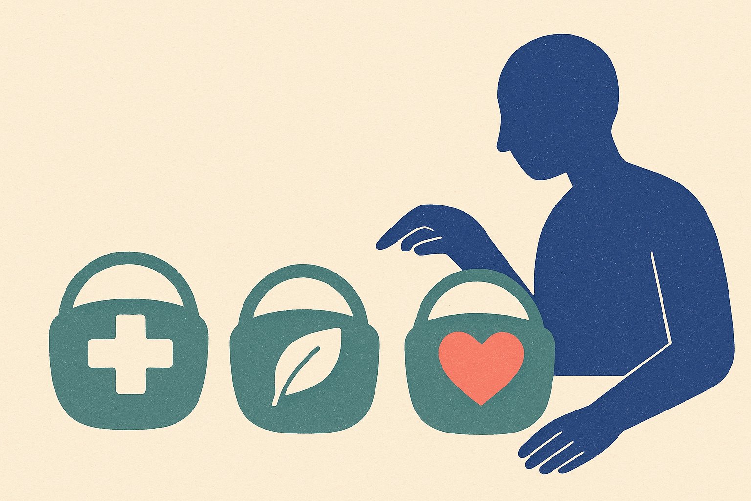 Illustration d'une personne comparant trois formules d'assurance santé symbolisées par des paniers