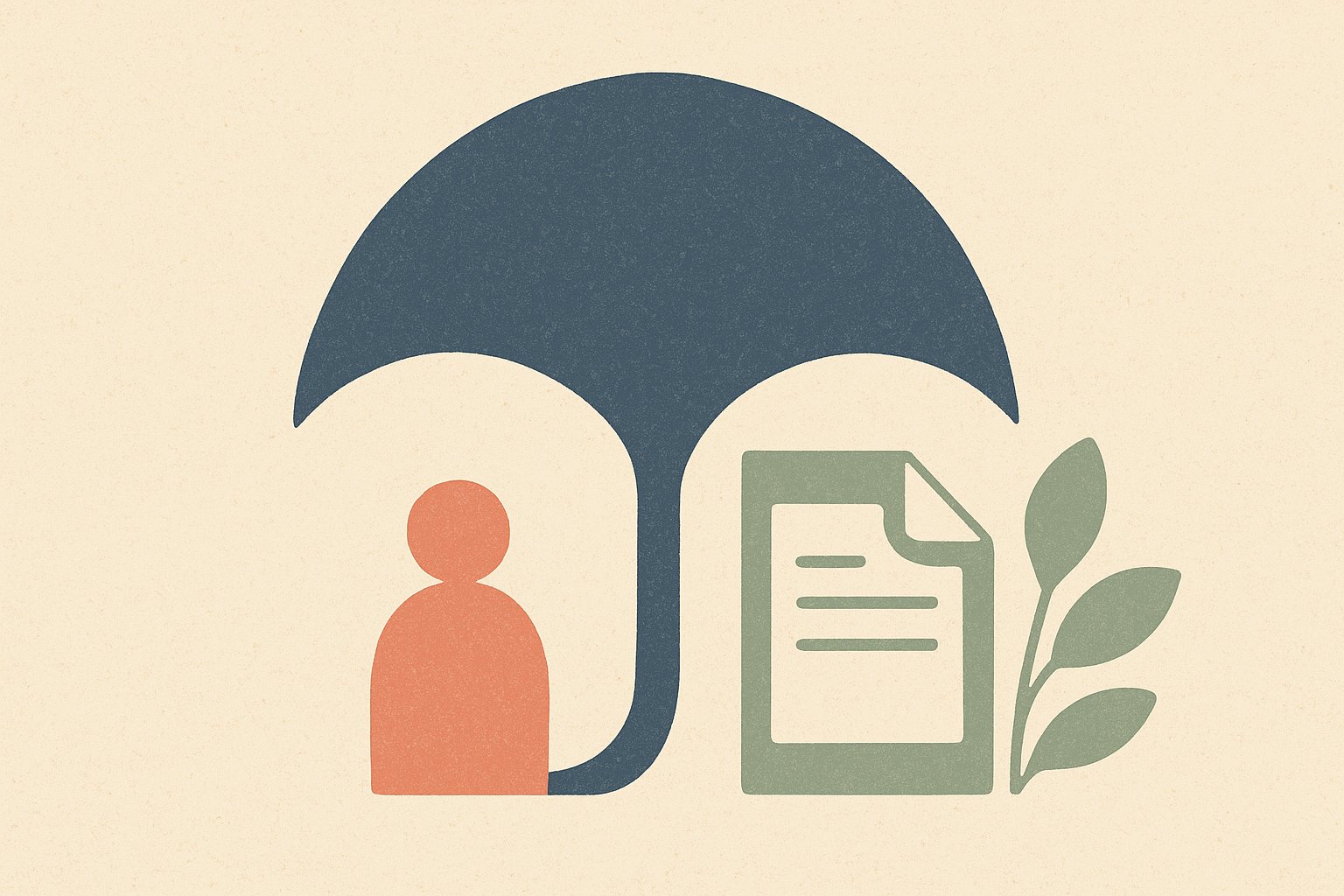 Illustration d'un parapluie de protection abritant une personne et un document d'attestation d'assurance santé