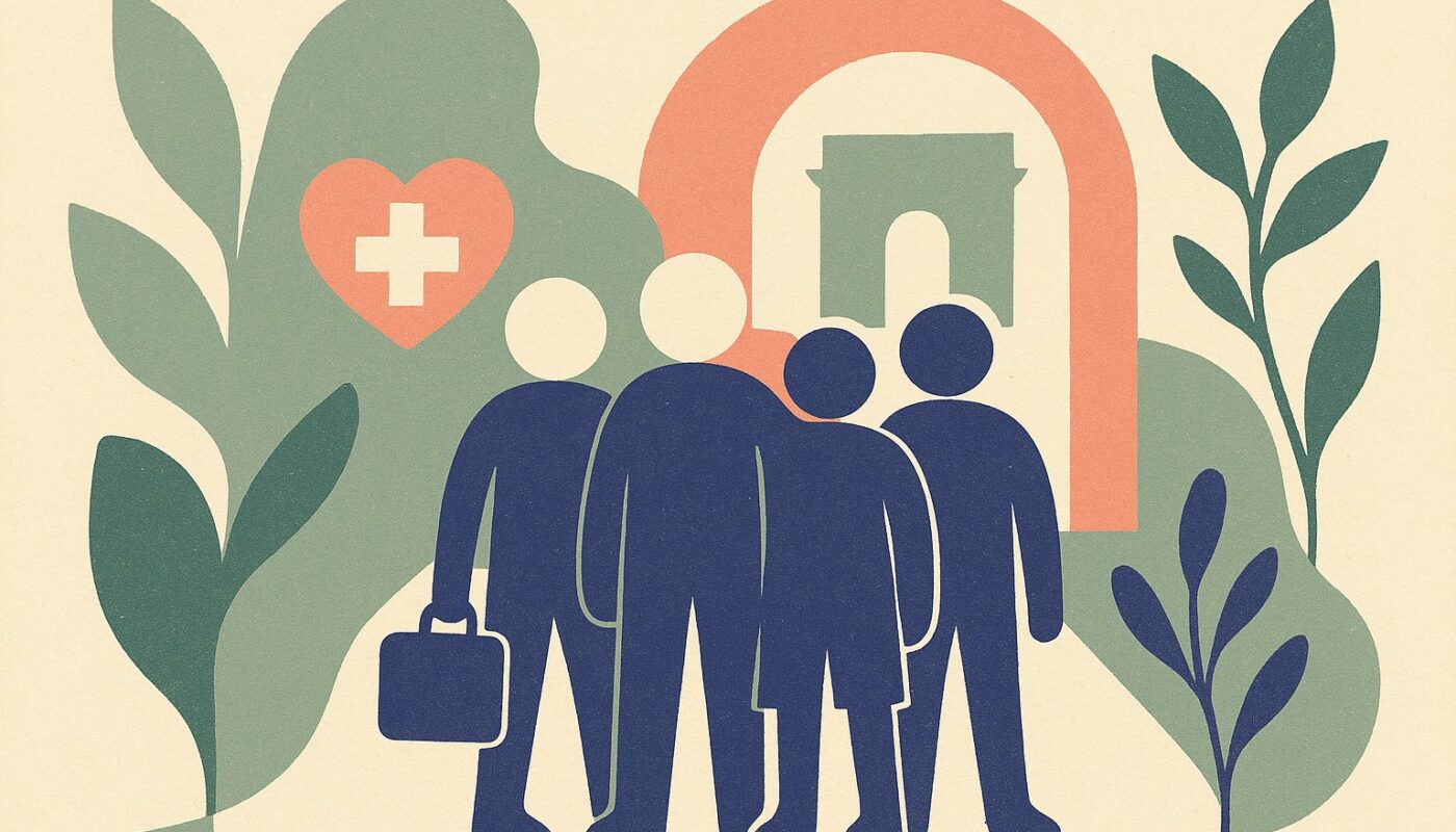 Illustration d'étrangers arrivant en France sous un symbole de protection santé, style affiche scandinave