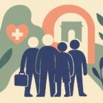 Illustration d'étrangers arrivant en France sous un symbole de protection santé, style affiche scandinave