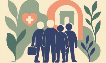 Illustration d'étrangers arrivant en France sous un symbole de protection santé, style affiche scandinave