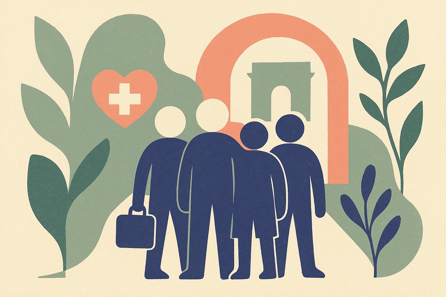 Illustration d'étrangers arrivant en France sous un symbole de protection santé, style affiche scandinave