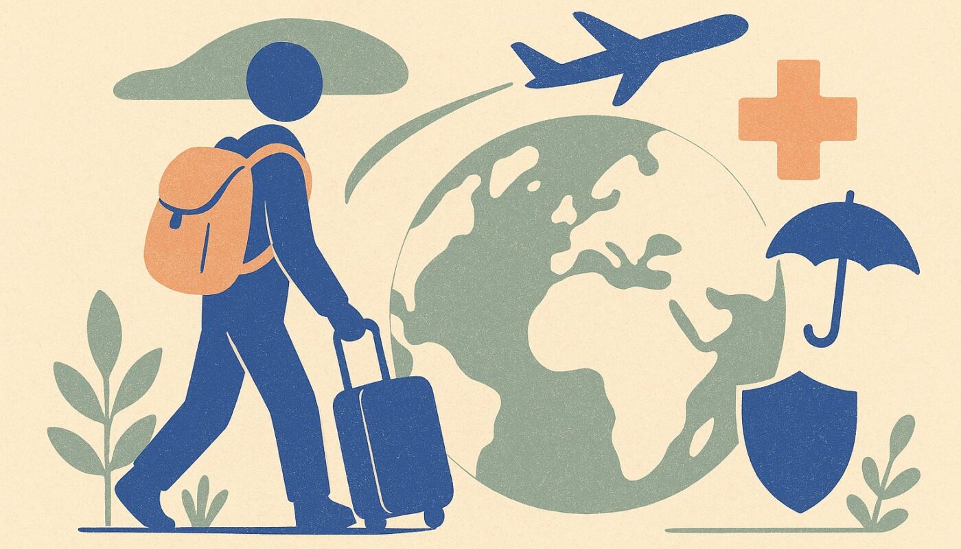 Illustration d un etudiant francais partant etudier a l etranger avec globe et symbole de protection sante