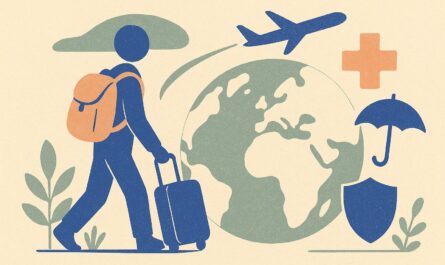 Illustration d un etudiant francais partant etudier a l etranger avec globe et symbole de protection sante
