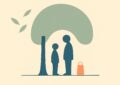 Illustration d'une famille abritée sous un arbre, symbole de la protection offerte par une assurance funéraire