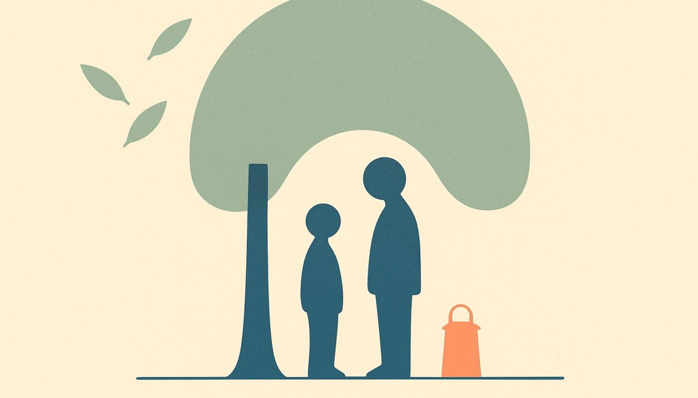 Illustration d'une famille abritée sous un arbre, symbole de la protection offerte par une assurance funéraire