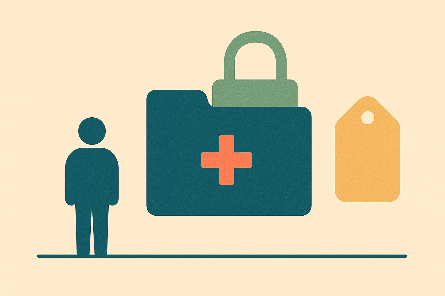 Illustration d'un dossier de santé fermé par un cadenas, séparé d'une étiquette de prix