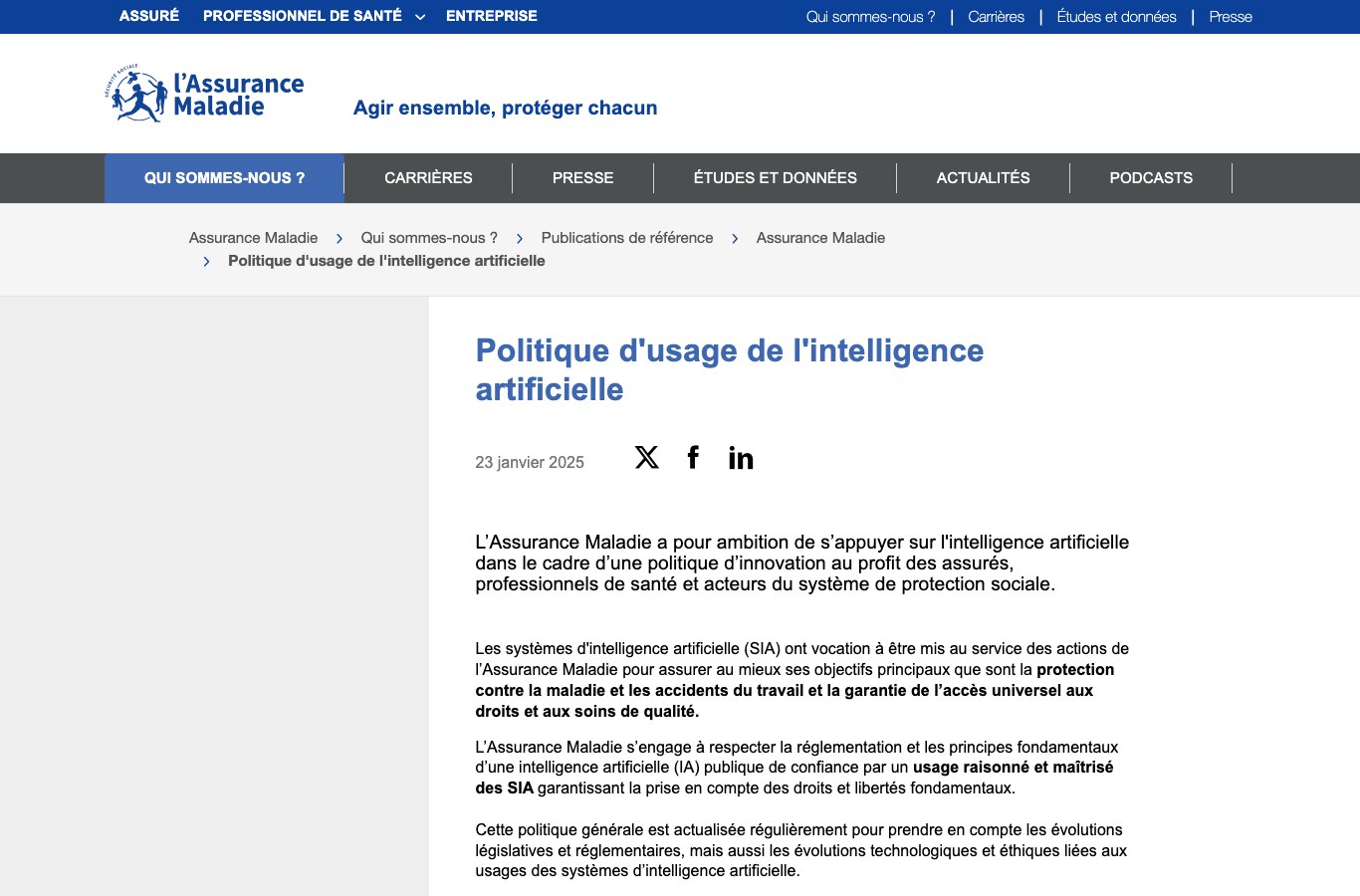 Page officielle de la politique d'usage de l'intelligence artificielle publiée par l'Assurance Maladie