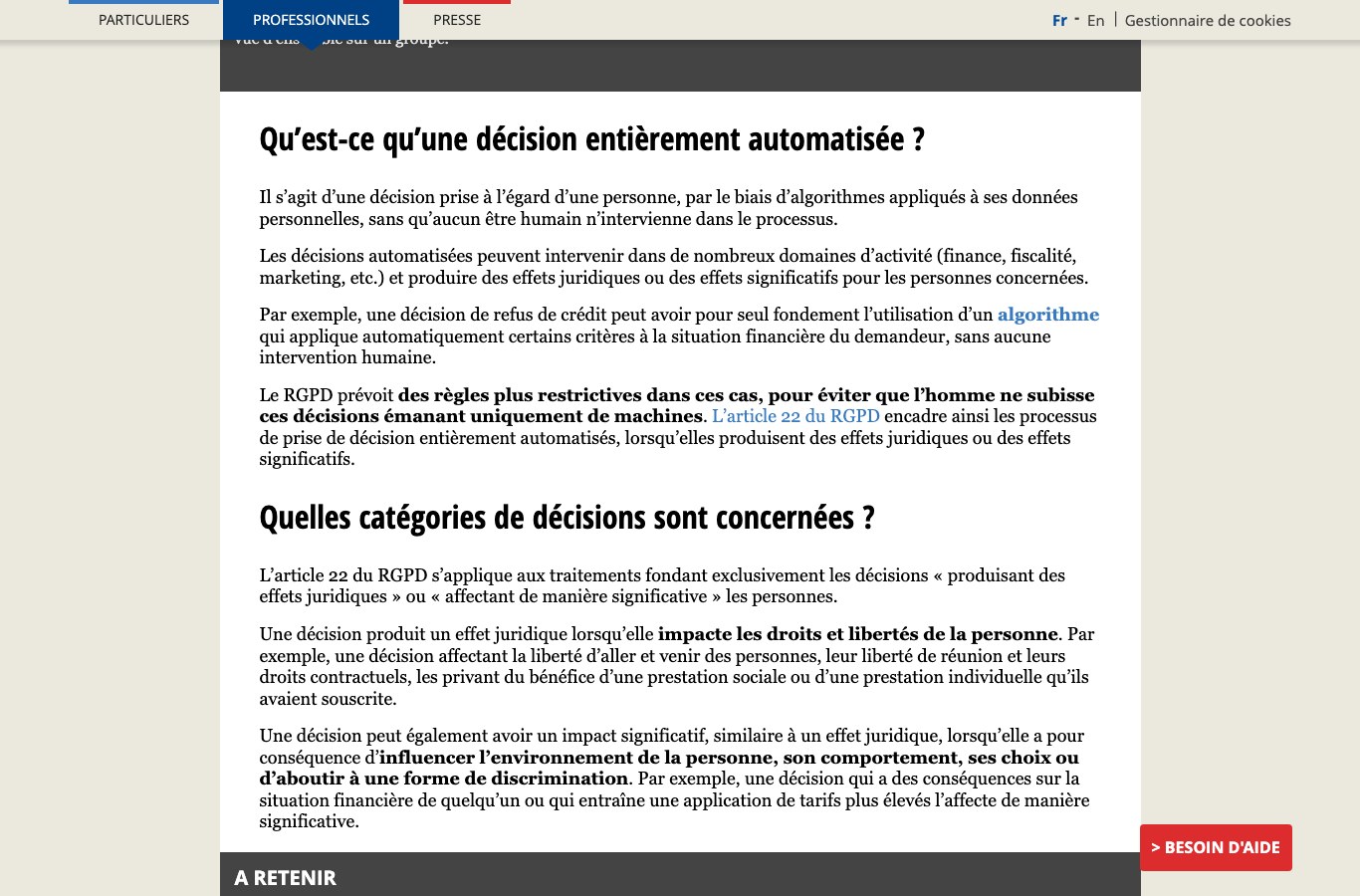 Fiche de la CNIL expliquant ce qu'est une décision entièrement automatisée et les catégories de décisions concernées