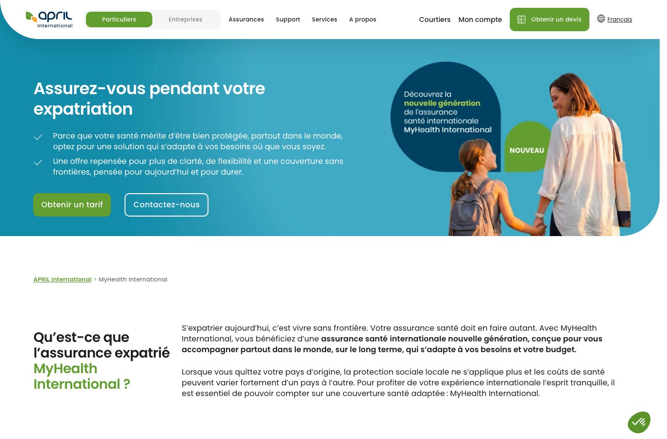 Page produit MyHealth International d'APRIL International, assurance santé internationale pour expatriés