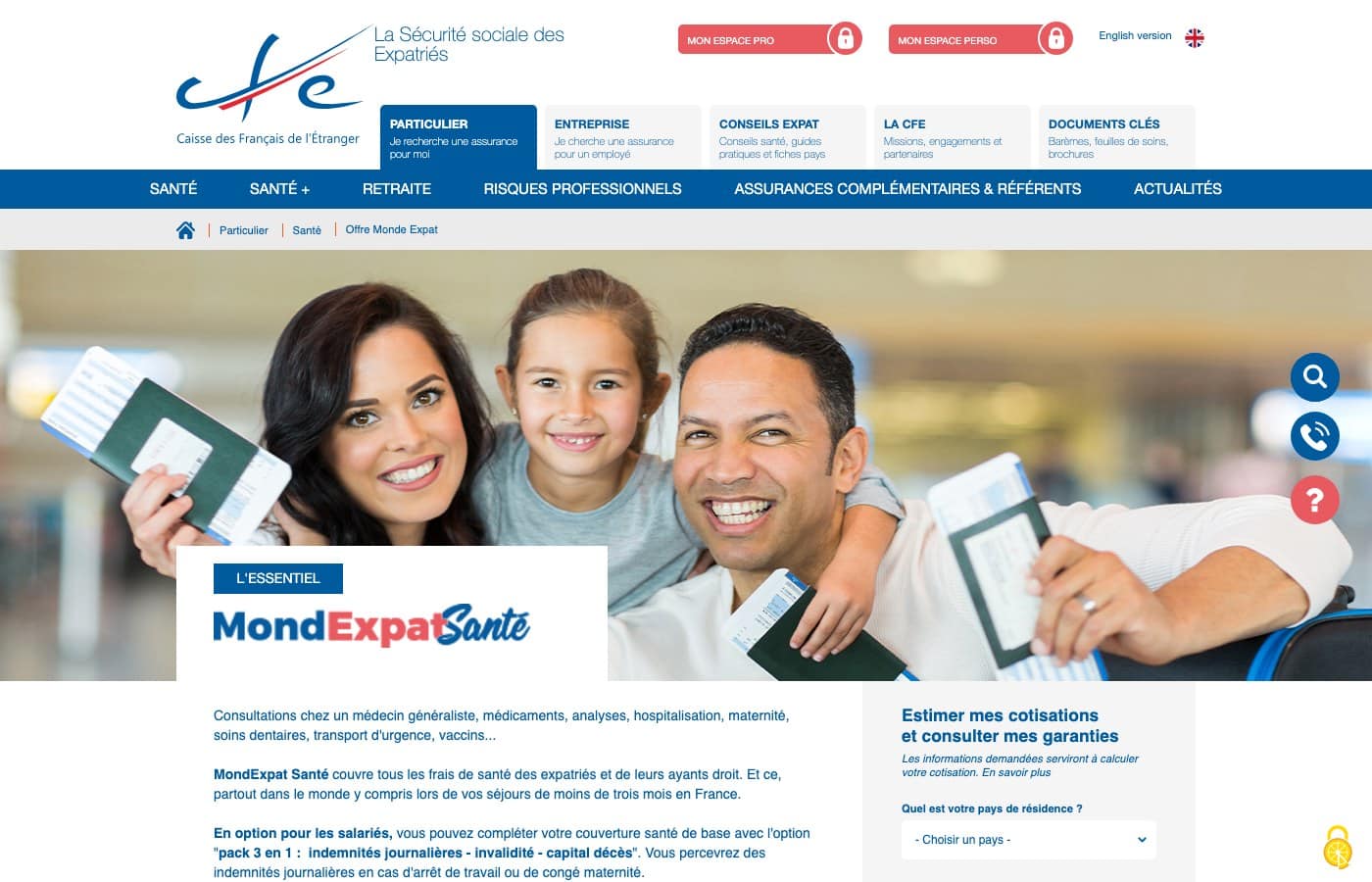 Page de l'offre MondExpat Santé sur le site de la Caisse des Français de l'Étranger