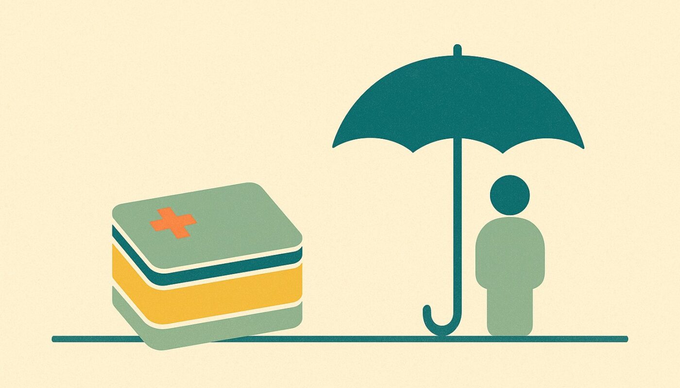 Illustration : d'un cote une pile de factures de soins, de l'autre un parapluie abritant une silhouette, pour distinguer assurance sante et prevoyance