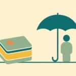 Illustration : d'un cote une pile de factures de soins, de l'autre un parapluie abritant une silhouette, pour distinguer assurance sante et prevoyance