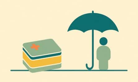 Illustration : d'un cote une pile de factures de soins, de l'autre un parapluie abritant une silhouette, pour distinguer assurance sante et prevoyance