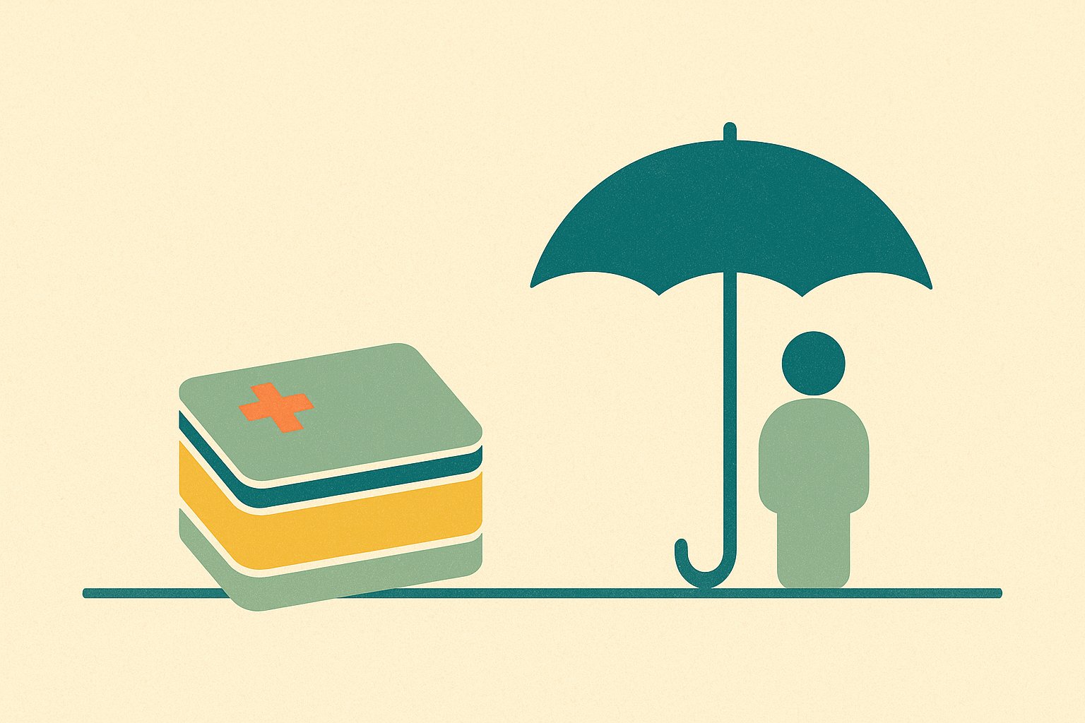 Illustration : d'un cote une pile de factures de soins, de l'autre un parapluie abritant une silhouette, pour distinguer assurance sante et prevoyance