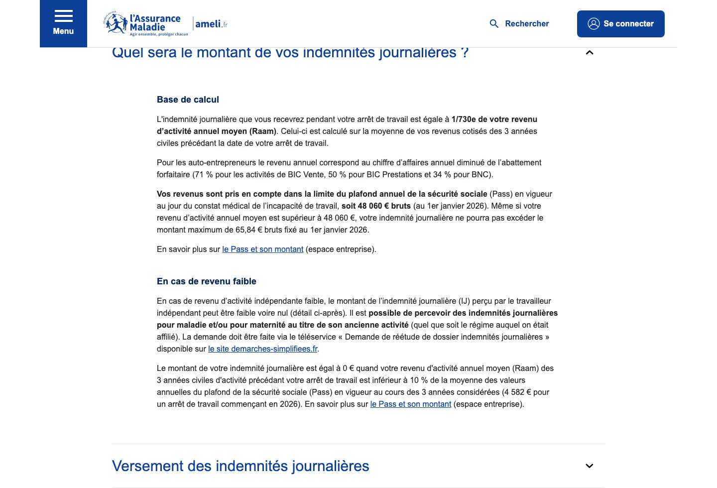 Page ameli.fr expliquant le calcul des indemnites journalieres d'un artisan ou commercant, avec le maximum de 65,84 euros bruts