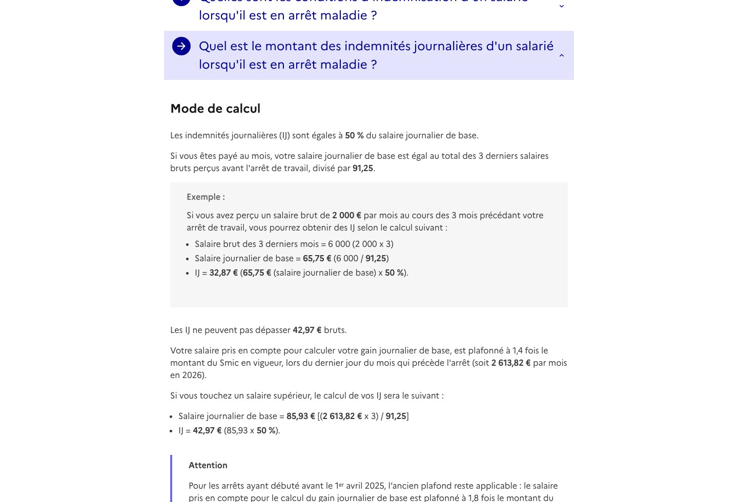 Fiche service-public.fr sur les indemnites journalieres d'un salarie en arret maladie, montrant le plafond de 42,97 euros bruts