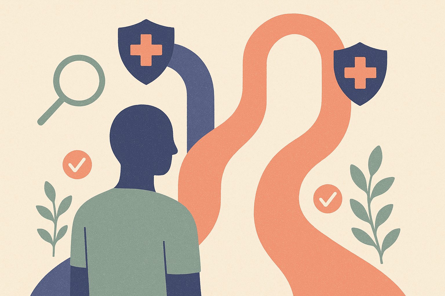 Senior comparant plusieurs contrats d'assurance santé, illustration boucliers et coches