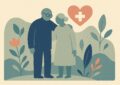 Illustration d'un couple de seniors protégés par leur assurance santé, style affiche scandinave