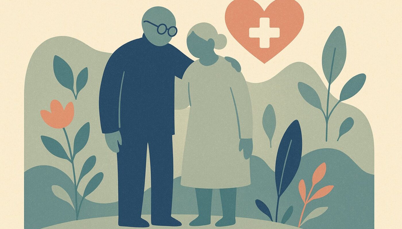 Illustration d'un couple de seniors protégés par leur assurance santé, style affiche scandinave
