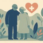 Illustration d'un couple de seniors protégés par leur assurance santé, style affiche scandinave