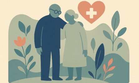 Illustration d'un couple de seniors protégés par leur assurance santé, style affiche scandinave