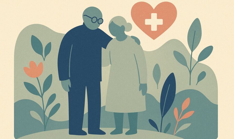 Illustration d'un couple de seniors protégés par leur assurance santé, style affiche scandinave