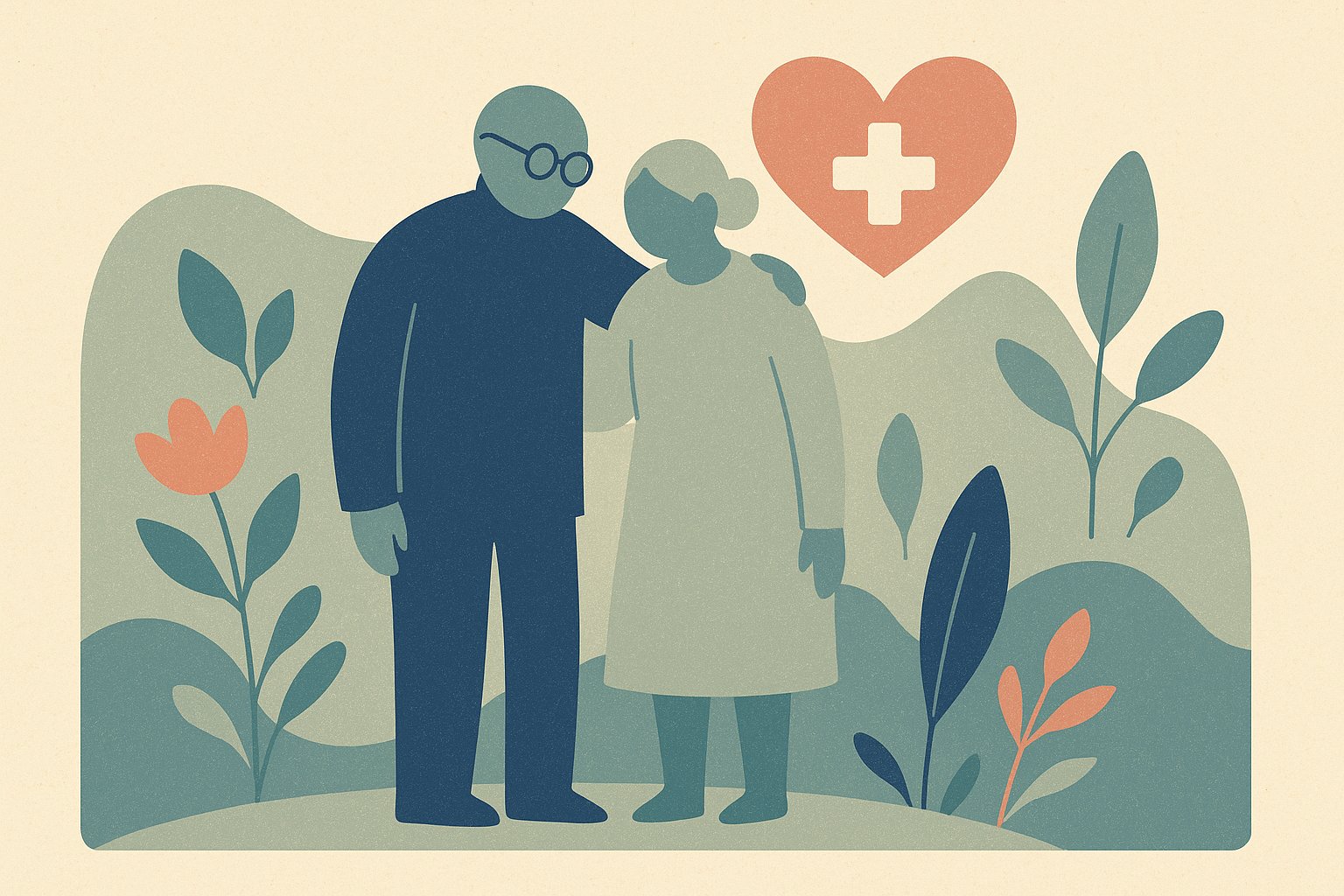 Illustration d'un couple de seniors protégés par leur assurance santé, style affiche scandinave
