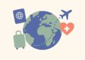 Illustration assurance santé pour voyager à l'étranger : globe, passeport, valise et croix médicale
