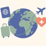 Illustration assurance santé pour voyager à l'étranger : globe, passeport, valise et croix médicale
