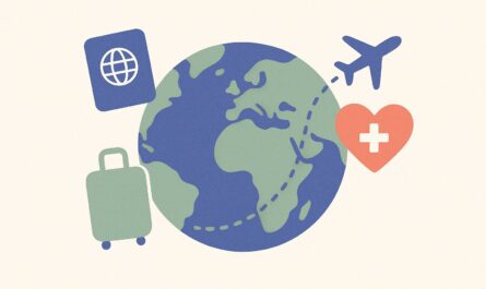 Illustration assurance santé pour voyager à l'étranger : globe, passeport, valise et croix médicale