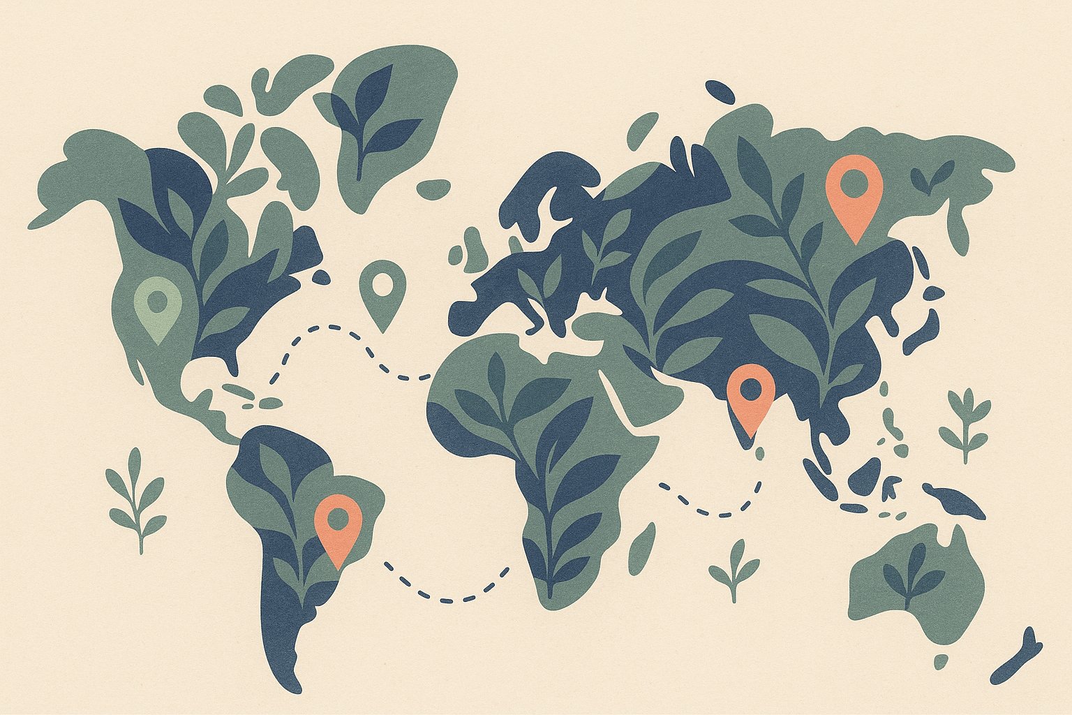 Carte du monde stylisée en formes végétales avec repères de coût par région, illustration du prix de l'assurance santé expatrié selon la destination