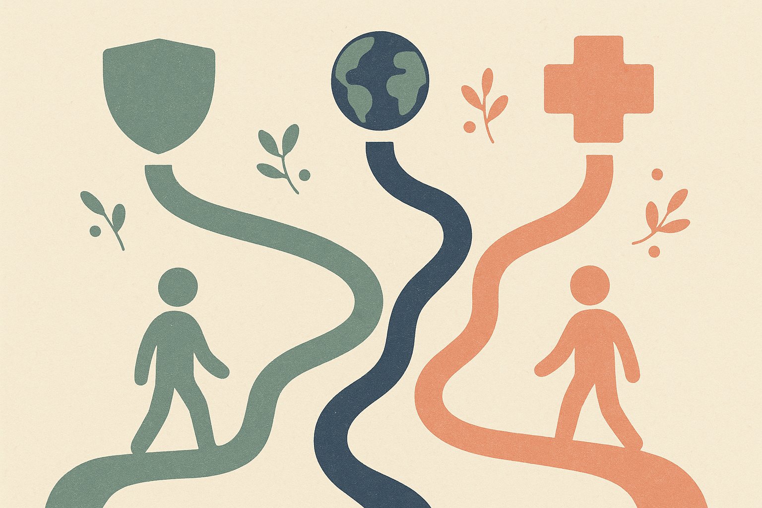 Trois chemins organiques menant à un bouclier, un globe et une croix santé, illustration des solutions de couverture santé pour expatrié