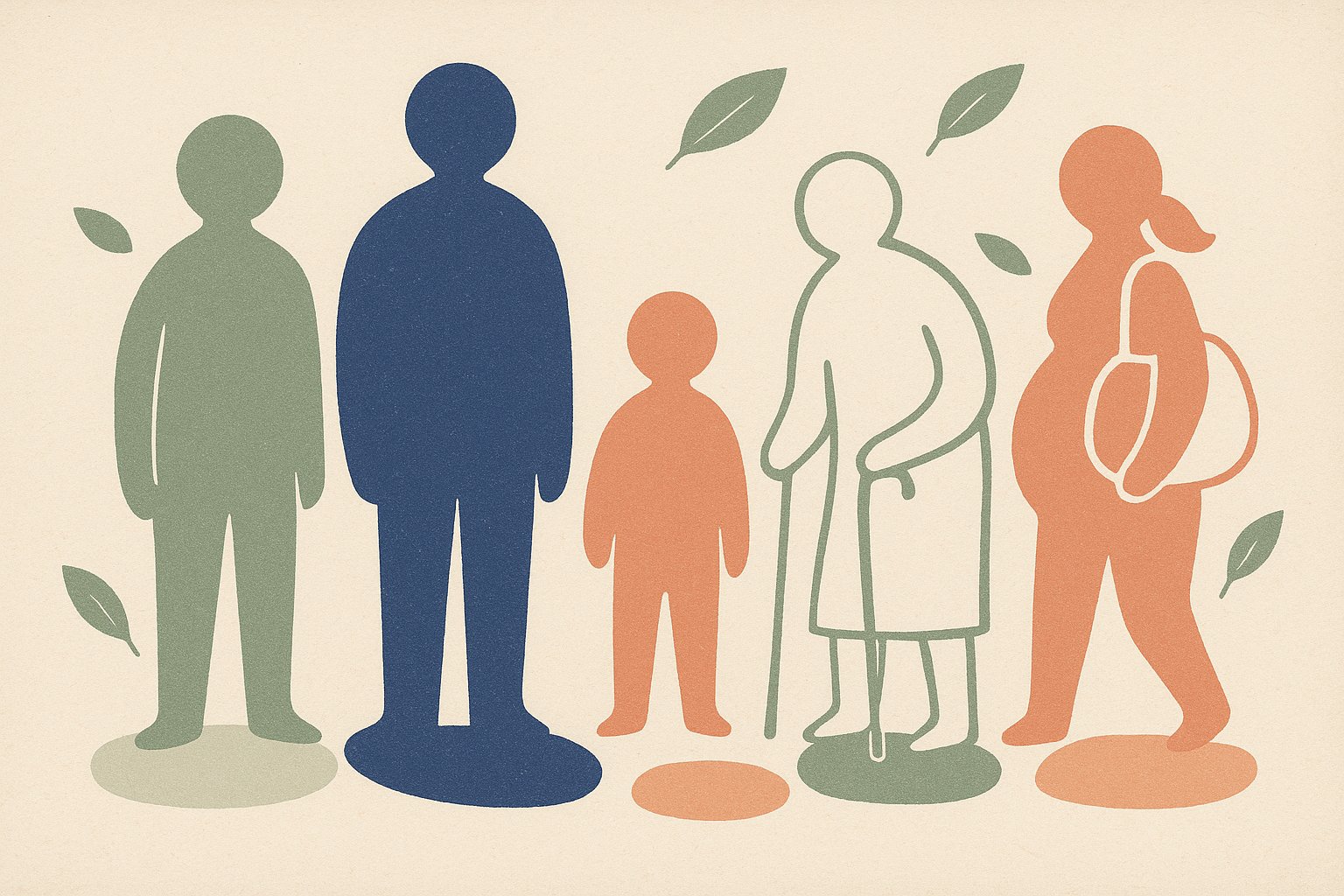 Rangée de silhouettes aux têtes rondes sans visage représentant différents profils d'expatriés, illustration du choix de formule santé selon le profil