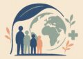 Globe organique protégé sous une canopée végétale, entouré de silhouettes sans visage, illustration de l'assurance santé pour expatrié