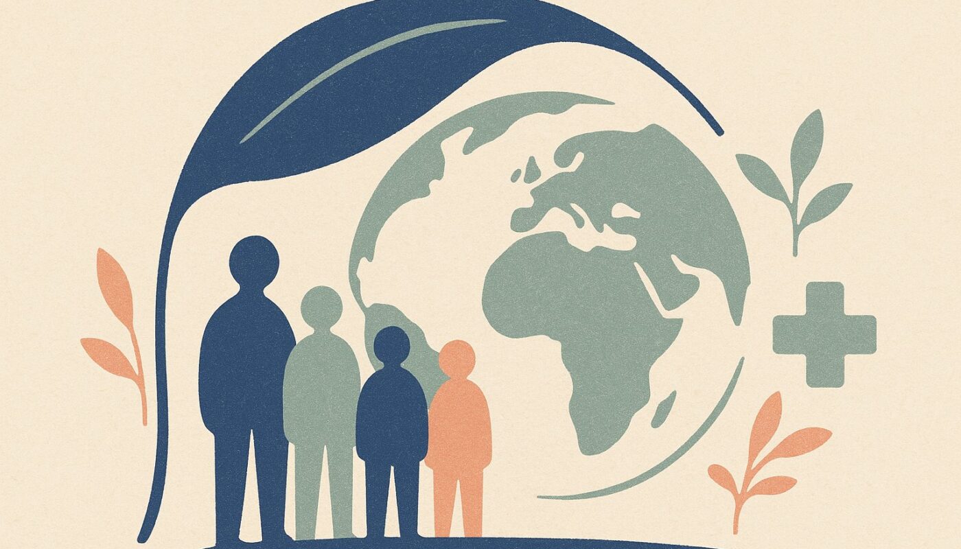 Globe organique protégé sous une canopée végétale, entouré de silhouettes sans visage, illustration de l'assurance santé pour expatrié