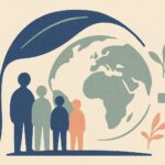 Globe organique protégé sous une canopée végétale, entouré de silhouettes sans visage, illustration de l'assurance santé pour expatrié
